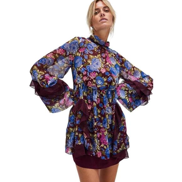 NWT Free People Dress Women's Size XS Burgundy Floral Print Long Sleeve - Picture 1 of 11